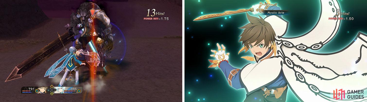 Use Sorey’s martial artes to dwindle Landon’s health (left) until you unlock the Mystic Arte tutorial (right).