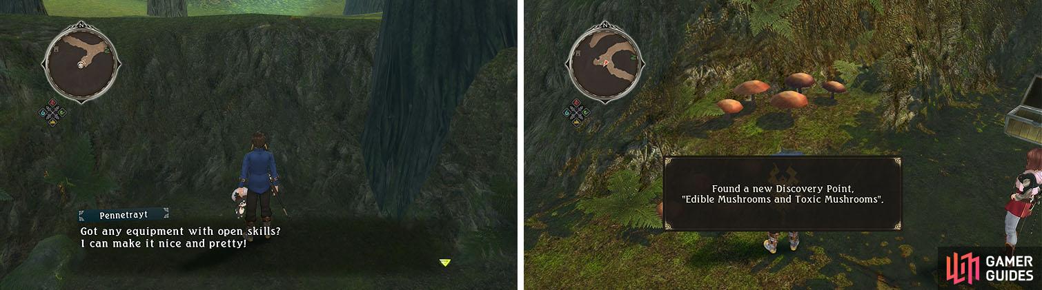 Recruit the Normin (left) and head west to find a discovery and skit (right).