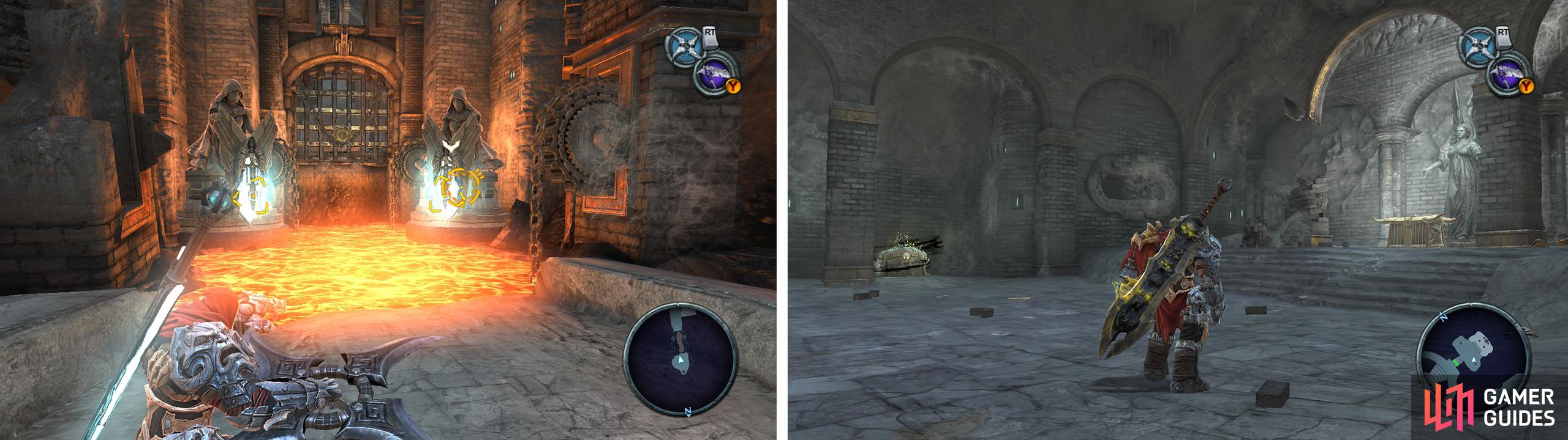 Hit the two crystals with your Cross-blade to create a bridge (left). When you enter the next unlocked door from the main room, kill the enemies before looting the Beholder’s Key and a Wrath Shard (right).