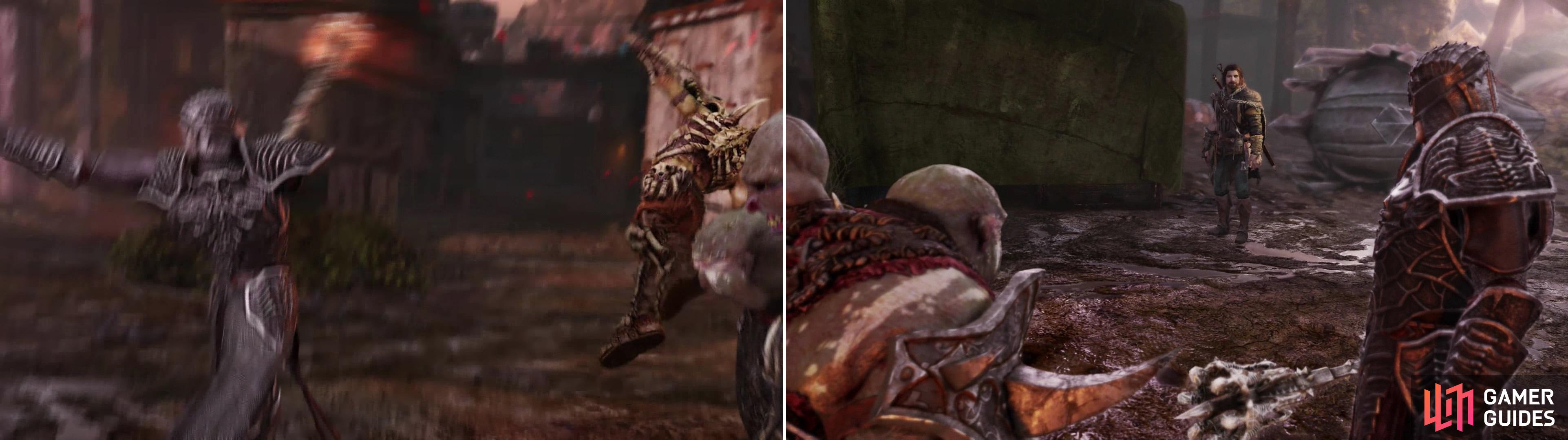 Ratbag learns the hard way that Sauron is less forgiving of incompetence than Talion was (left). The “Gravewalker” steps foward to answer The Hammer’s challenge (right).