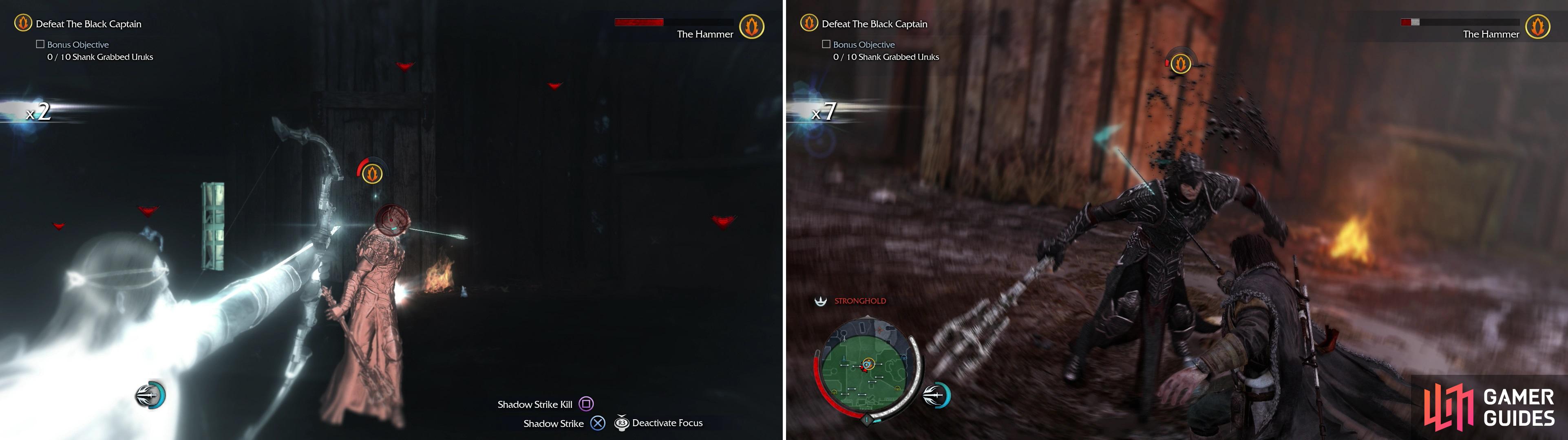 The Hammer can be harmed by arrows, just be sure to fire multiple shots in a row, as he’ll grab the first of the bunch and fling it back at you (left). Attacking the attendant Uruks to charge your Hit Streak will allow you to perform damaging Executions (right).