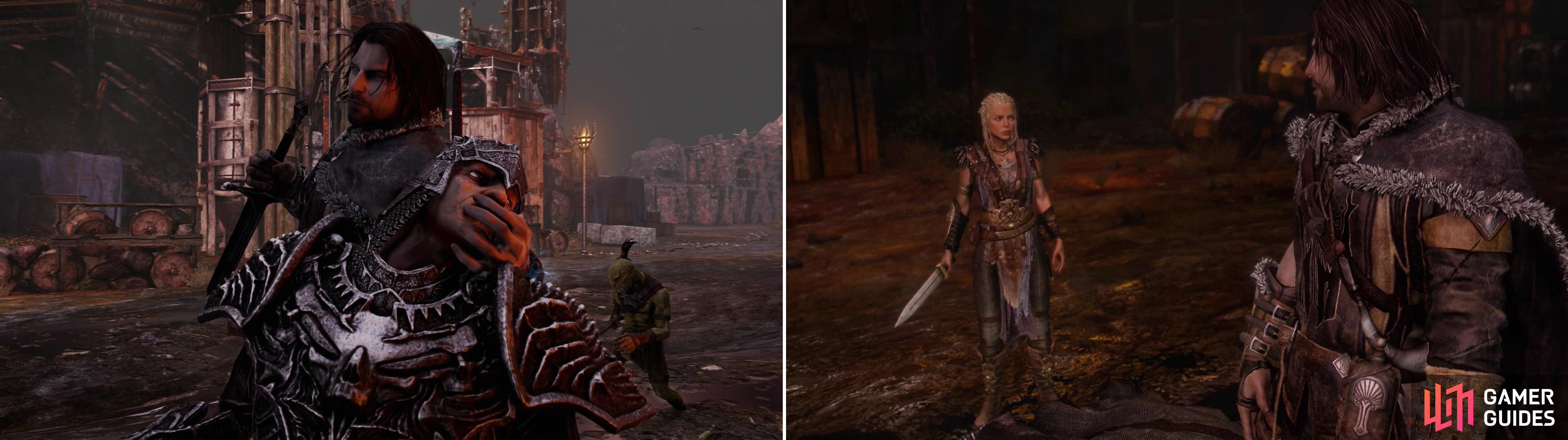 Talion takes his anger out on The Hammer, to the Wraith’s annoyance (left). Shortly after the fight Lithariel arrives, and her words draw us to Nurn (right).