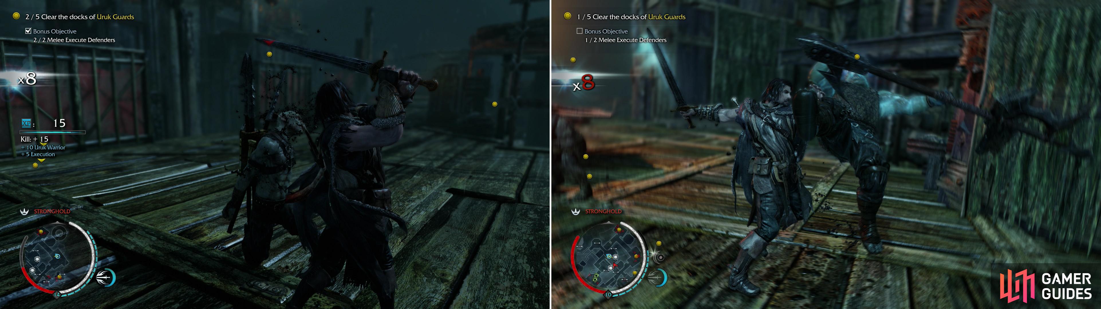 Kill five groups of Uruk Guards (left). While doing so, perform Combat Finishers on two Uruk Defenders to complete a bonus objective (right).