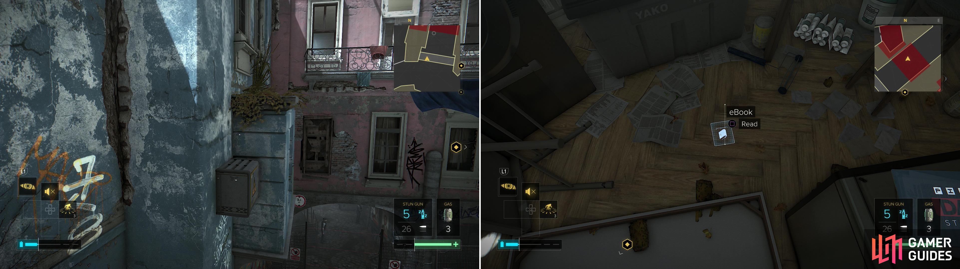 Climb up a lift and jump over to a balcony adorning a pink apartment building (left) inside of which you’ll find a way forward - and a variety of collectibles (right).