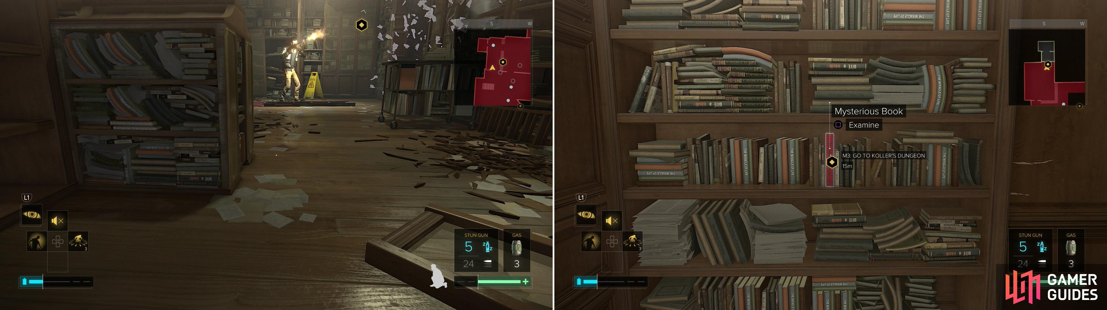 The Dvali Thugs are busy vandalizing The Time Machine, giving you a chance to sneak past (left). Examine the red book in Koller’s office to find a way into his lair (right).