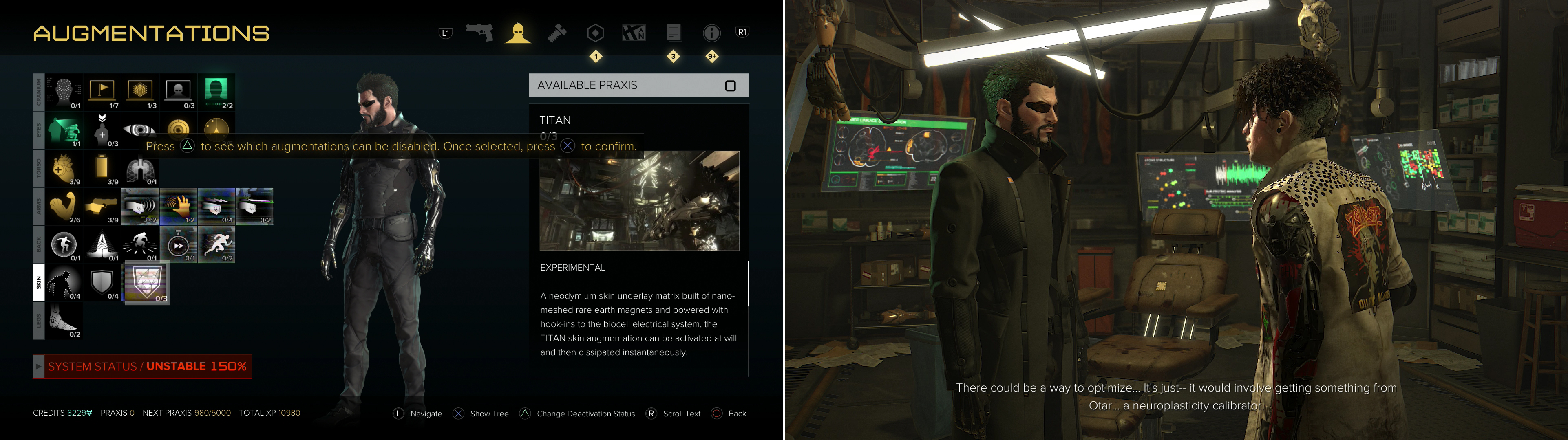 Koller’s tinkering will reveal new augmentations for you to use, but accessing them will overclock your system (left). Koller’s solution? Find a Nueroplasticity Calibrator (right).