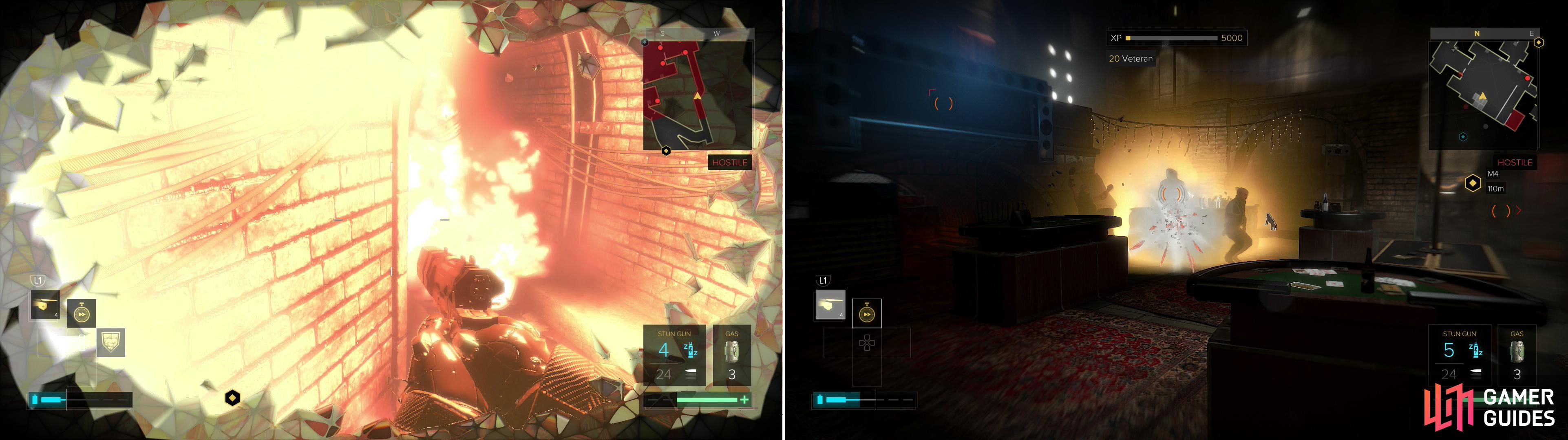 Hug an explosive with the “Titan” augmentation active to earn a trophy/achievement (left). Charging up your Nanoblade to strike tree enemies while the “Focus” augmentation is active will earn you another (right).