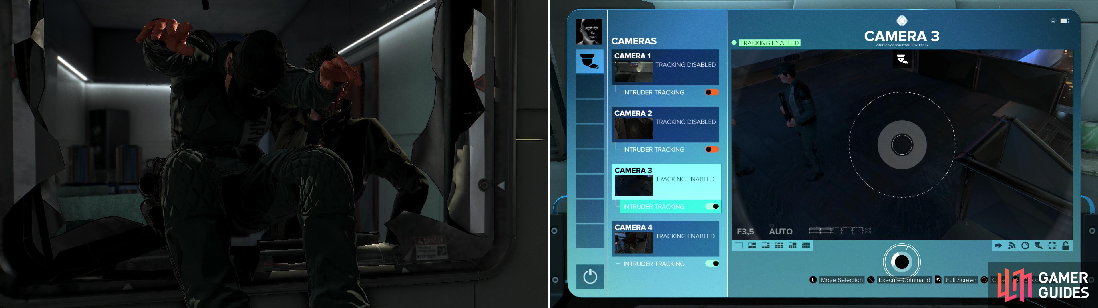 Smash a hole in the wall and take out a terrorist at the same time! (left) If you disable the security cameras it’ll make your task of dispatching the terrorists much easier (right).