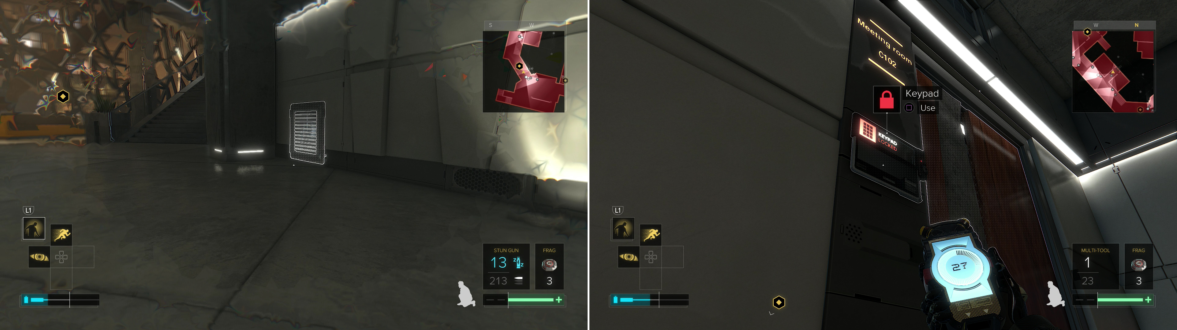 If you saved up Biocells and invested in Glass-Shield Cloaking you can quickly and invisibly bypass Marchenko’s guards (left). Using Multi-Tools will keep you out of sight and save time (right).