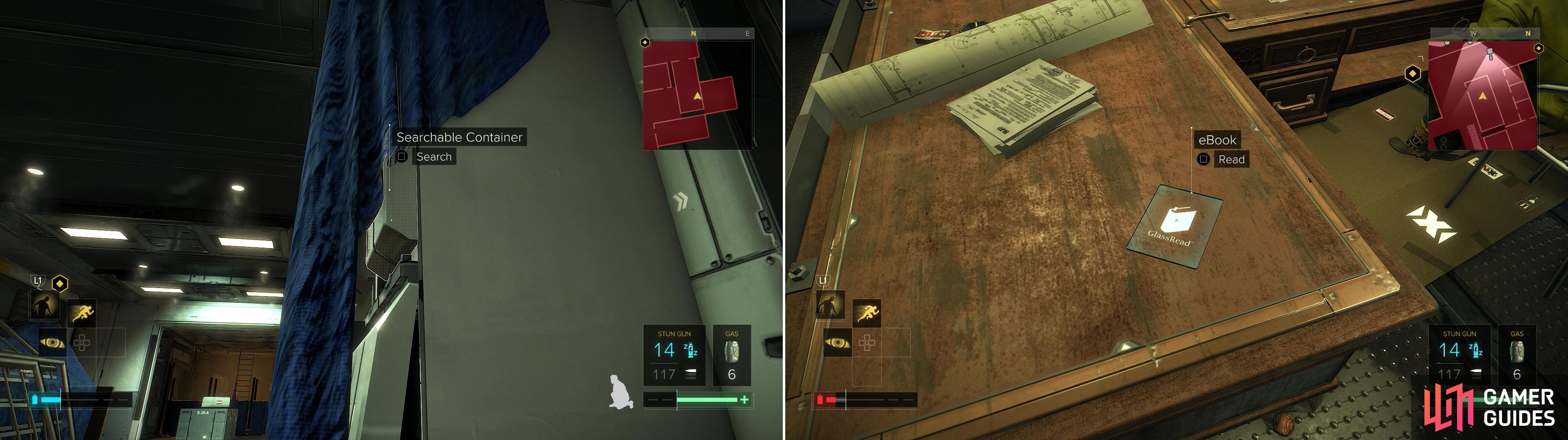 In a well-hidden Searchable Container you’ll find a Praxis Kit (left). Be sure to surgically dispatch the ARC Soldiers so you can lay your hands on some collectibles (right).