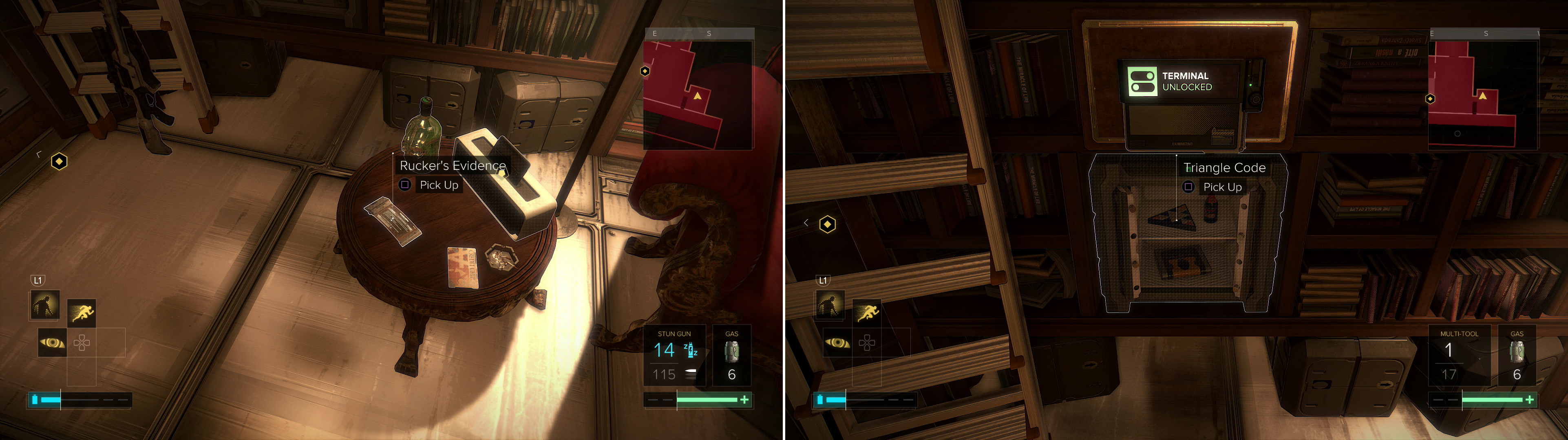 Pick up Rucker’s Evidence (left), then loot his safe to find a variety of goodies (right).