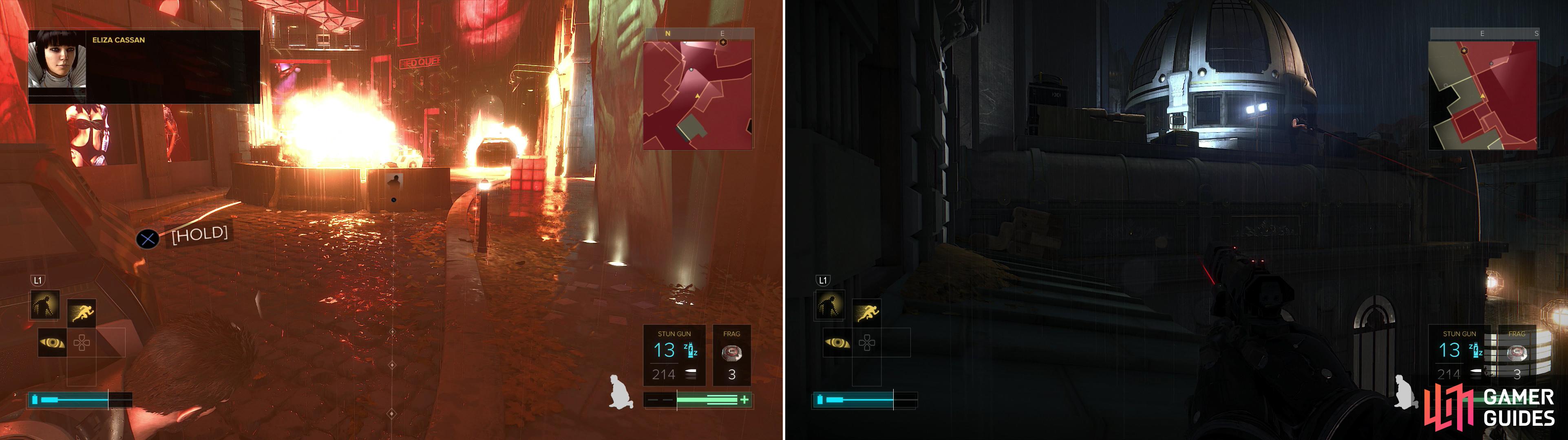 If you helped her out earlier, Eliza will show up to return the favor (left). Sneak through Dvali Territory and reach the roof of the theater (right).