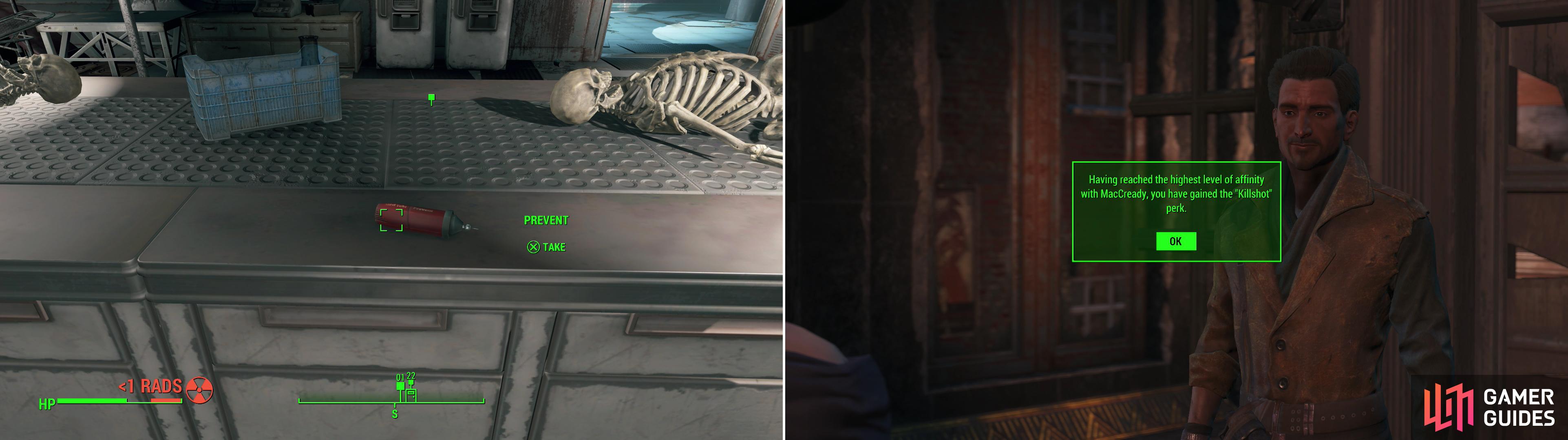 The Medicine MacCready needs to save his son can be found in the depths of Med-Tek Research (left). Earn MacCready’s loyalty and you’ll forever more benefit from the Killshot perk (right).