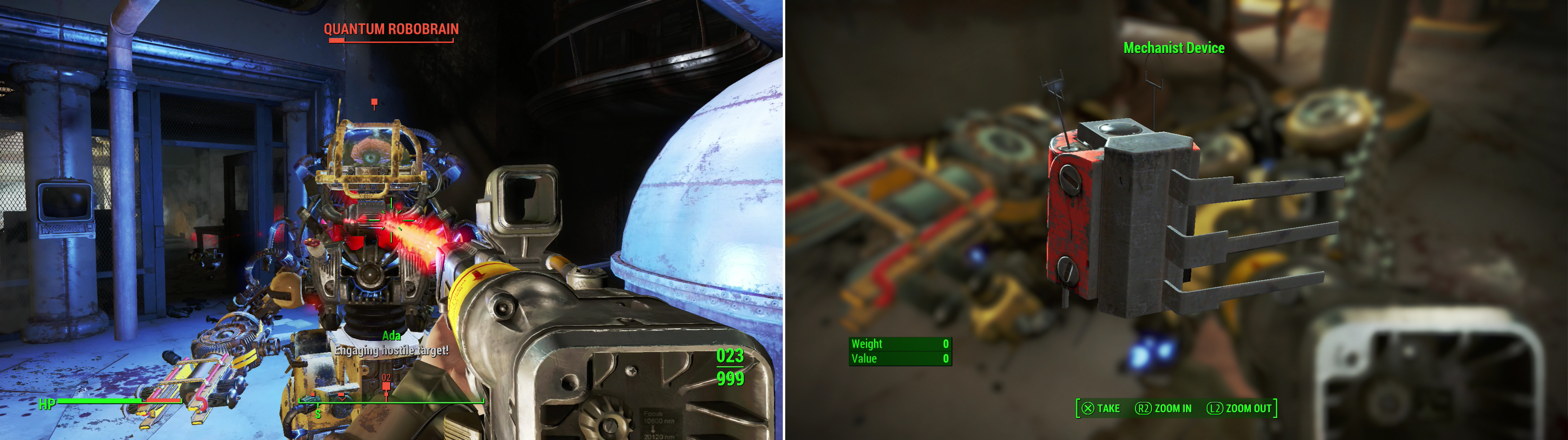 Scrap the Robobrain in the General Atomics Factory (left) then claim the “Mechanist Device” from its remains (right).