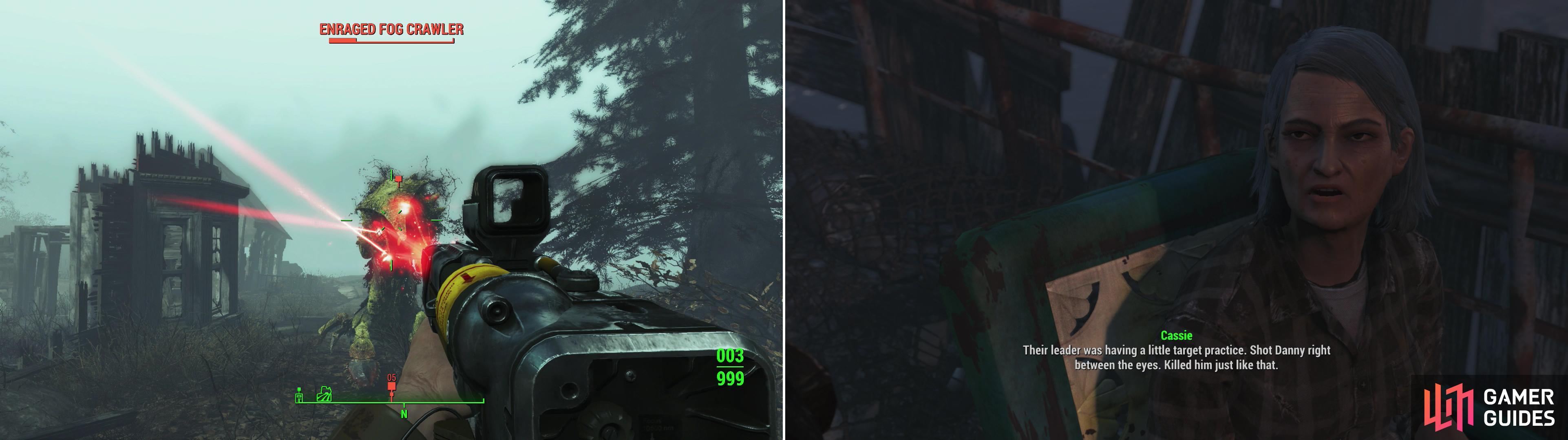 Fog Crawlers are heavily armored behemoths which can shrug off insane amounts of abuse (left). Defeat this mighty foe and return to Cassie to get a third - and final - island-punishing assignment (right).