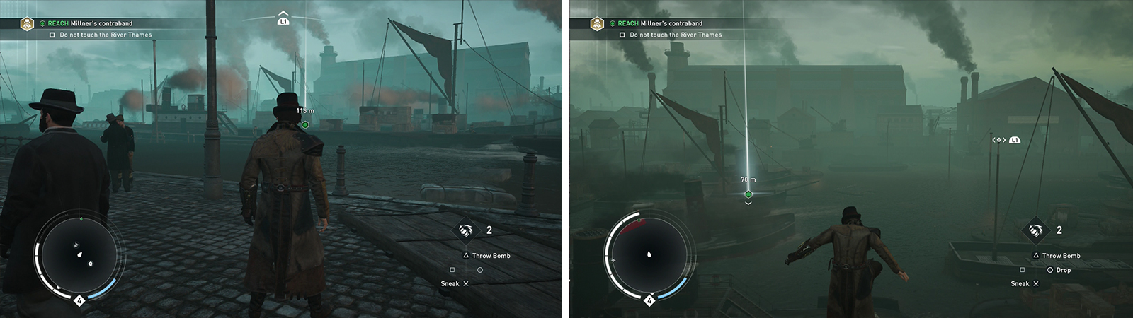 We’ll need to cross the river to reach the objective (left). The easiest way is to use the Rope Launcher between ship masts (right).