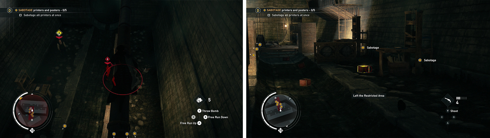 Kill the enemies in the printing room (left). Organise the dynamite crates so that all five printers can be sabotaged at once (right).