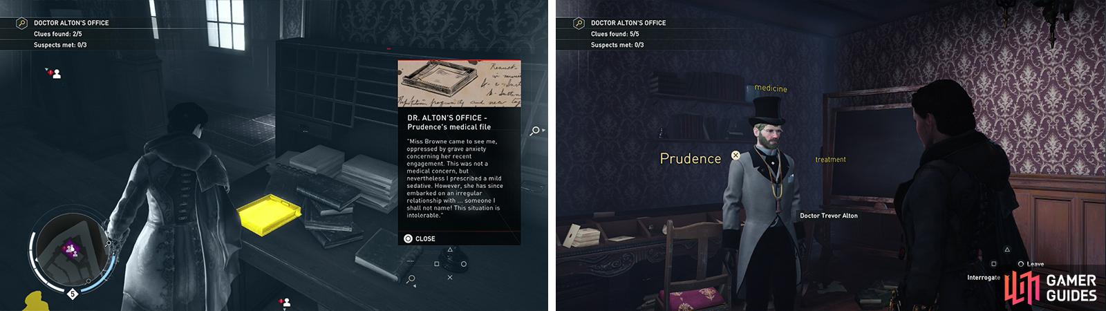 Loot the clues in Dr. Alton’s Office (left) and then chat with the suspects (right).