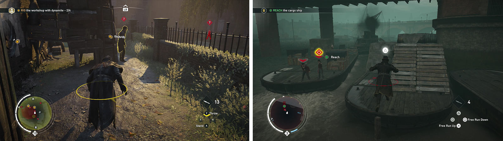 Yellow indicates you have been spotted (left). When the indicators turn red, enemies will attack (right).