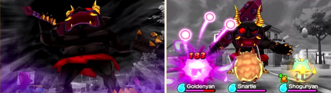 You’ll be able to tell which Oni you get at the beginning of Terror Time (left). Orcanos is definitely one of the strongest enemies in the game (right).