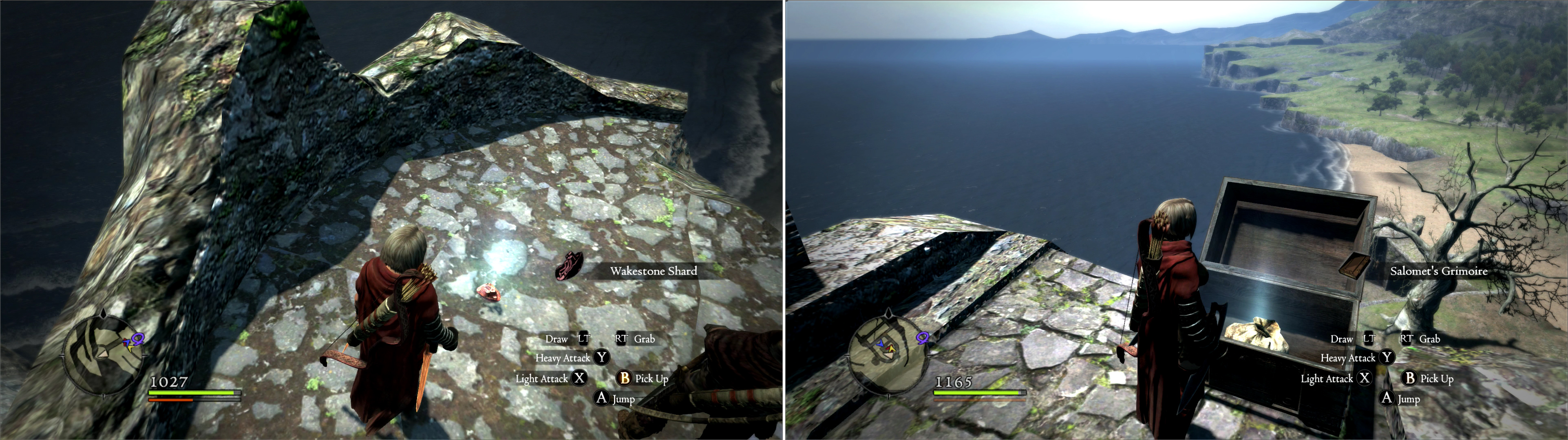 Atop a seaside tower you’ll find a Wakestone Shard (left). While you’ll find Salomet’s Grimoire in a chest on the keep’s tallest tower (right).