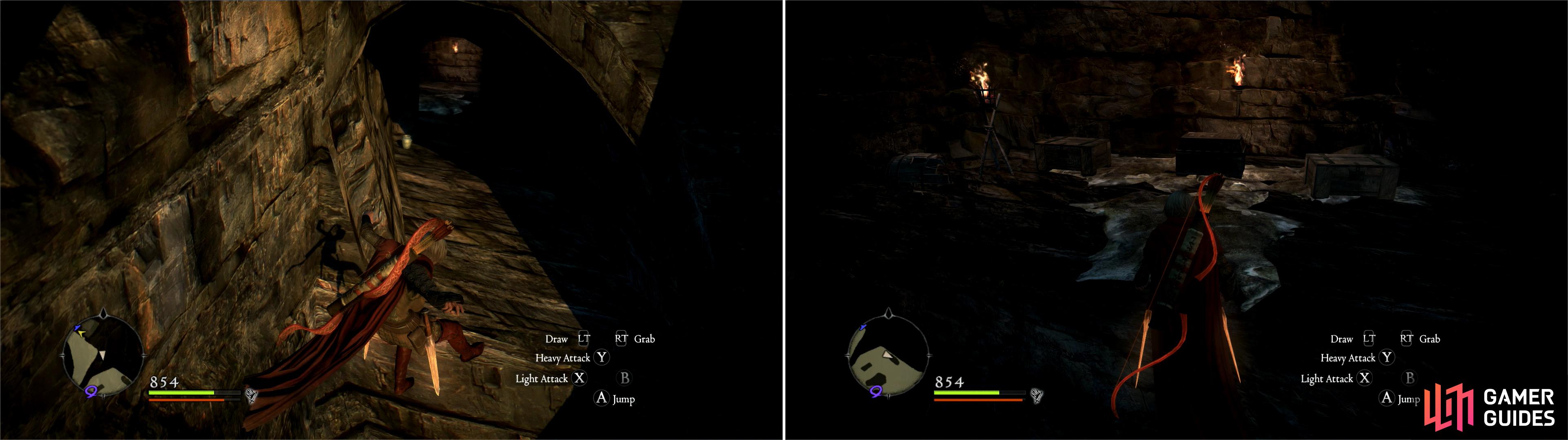 Make a running jump to reach an elevated cave (left) wherein you’ll find several loot-worthy chest (right).