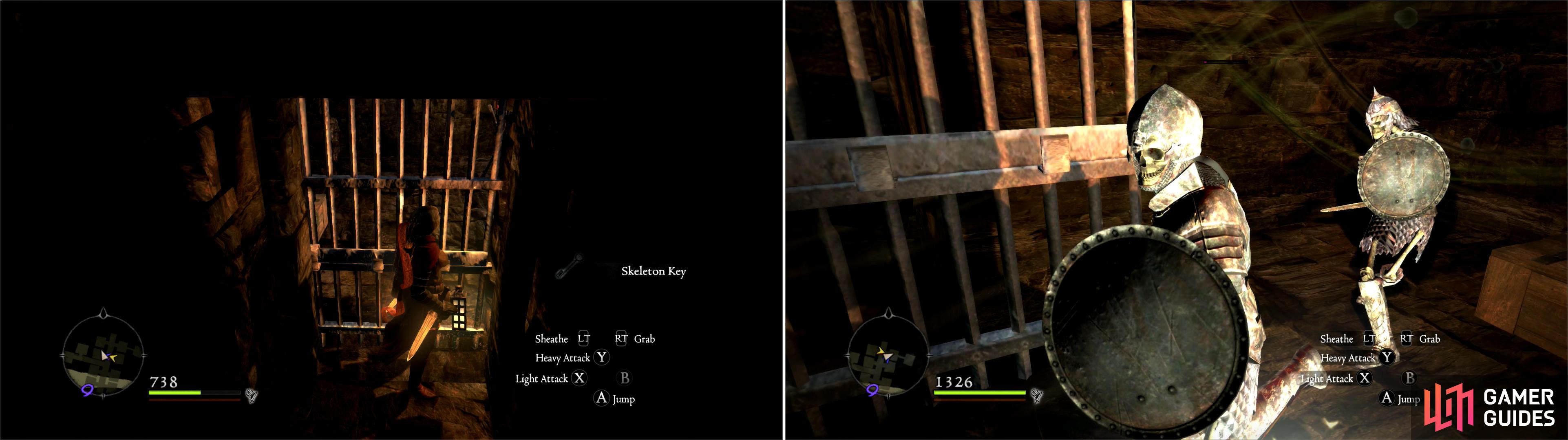 Use Skeleton Keys to open doors in Smuggler’s Pass (left) then defeat the Skeleton Knights guarding various treasure (right).