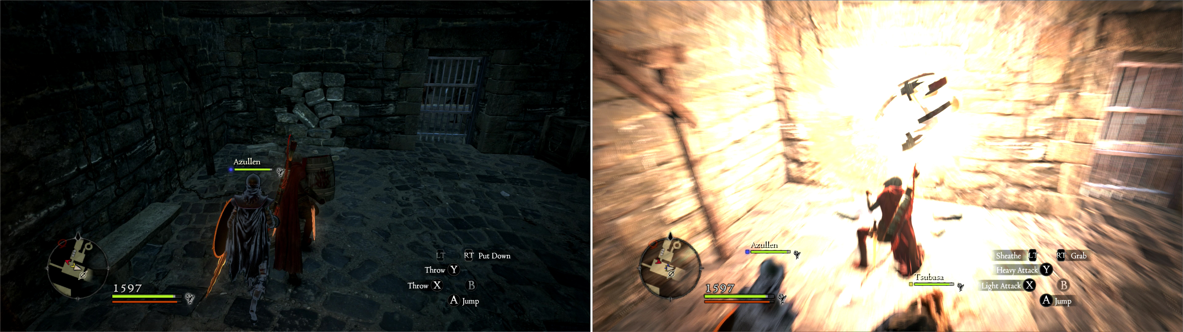 Grab an explosive barrel (left) and chuck it into a weak section of wall to make a passage (right).