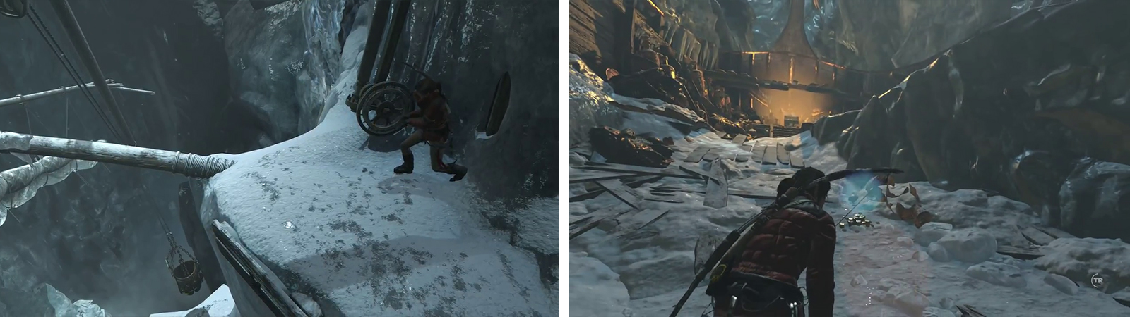 Use the wheel to lower the bucket (left) before using it to break another section of ice. Afterwards climb to the top of the ship and grab the Codex (right).