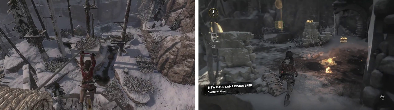 You’ll see Repeater 04 on a ledge to the right as you zipline down from Repeater 02 (left). Repeater 05 can be found by a Base Camp (right).