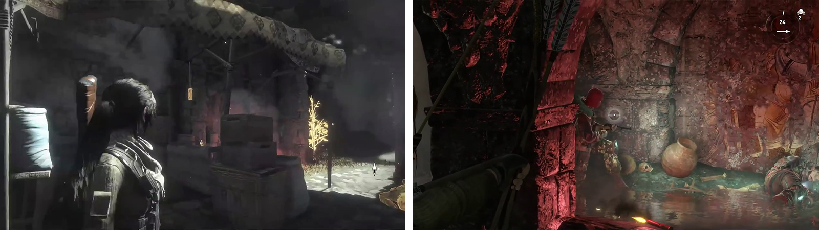 Keep an eye out for the Walkie-talkie challenge items (left) - there are three in this first area. Kill the two enemies in the first underground tunnel (right).