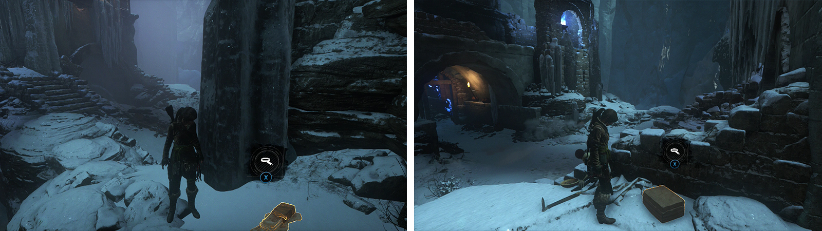 After destroying the gate, look for a ledge to the left with Document 03 (left). At the top of the ramp to the right of the archway is Relic 01 (right).