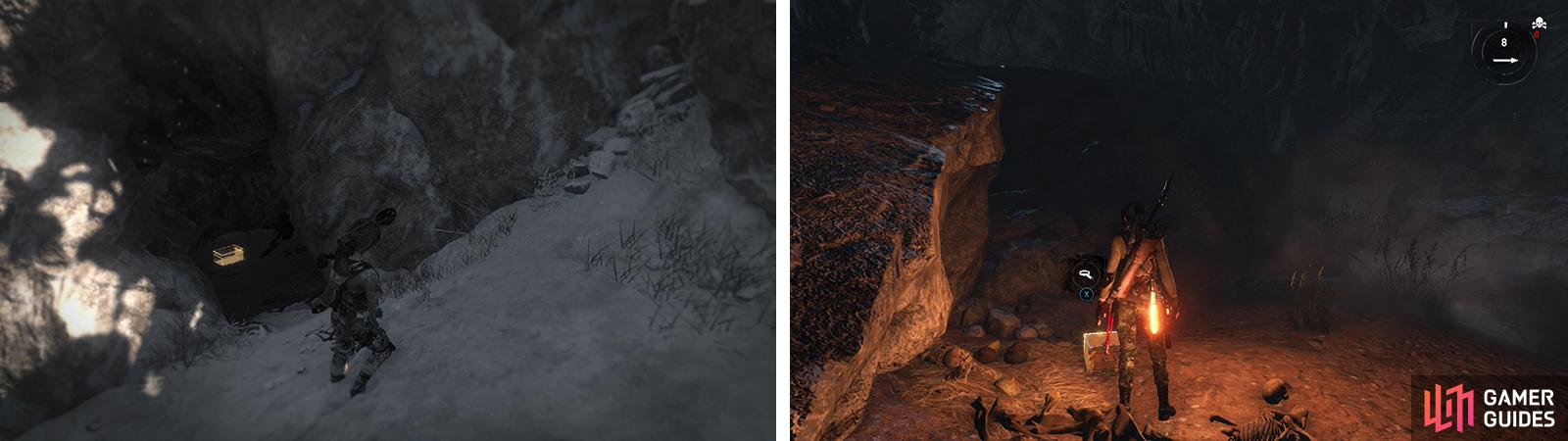 Relic 02 (left) is found behind a roped-up fence. Relic 03 (right) can be found behind a destructible barrier.