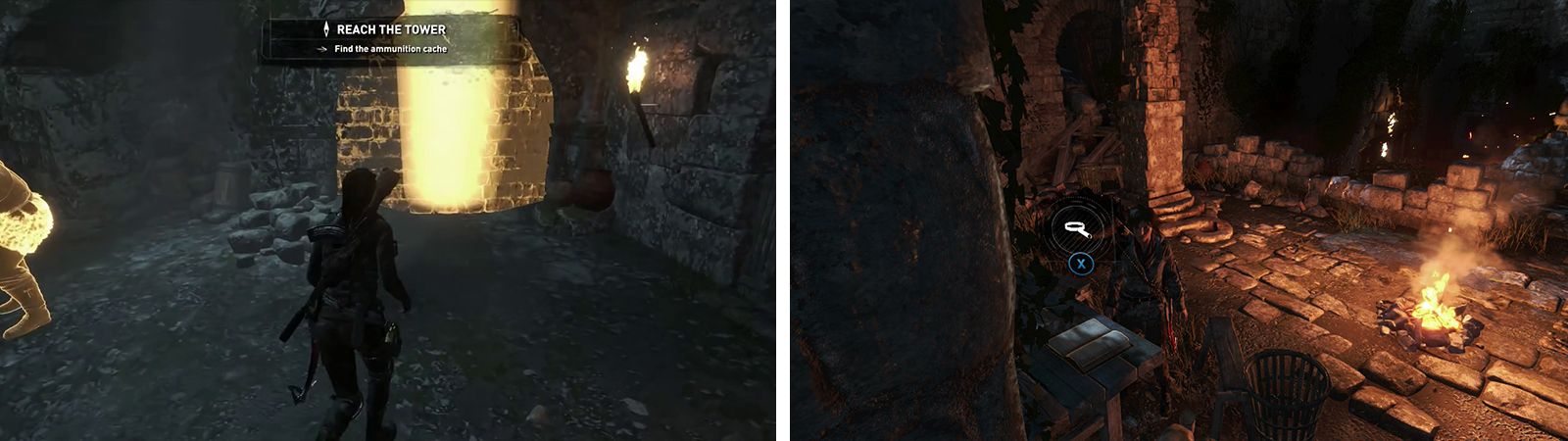 With Survival Instinct you’ll be able to see objective markers (left). Base Camps (right) can be used to fast travel between locations.