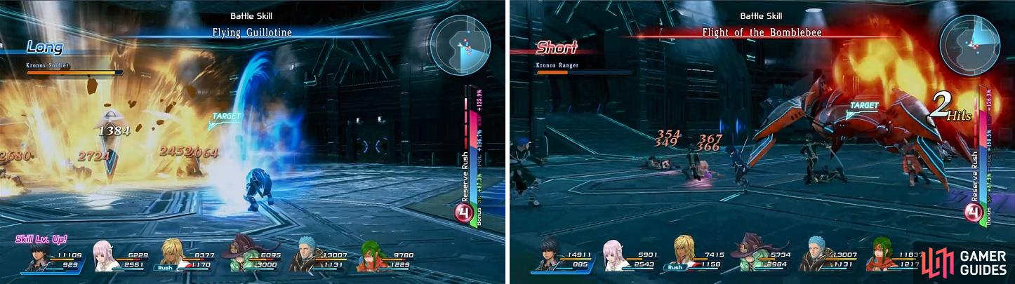 The Destroyer can hit all characters around it with its ground pound (left). Flight of the Bomblebee are homing shots that can deal some nice damage (right).