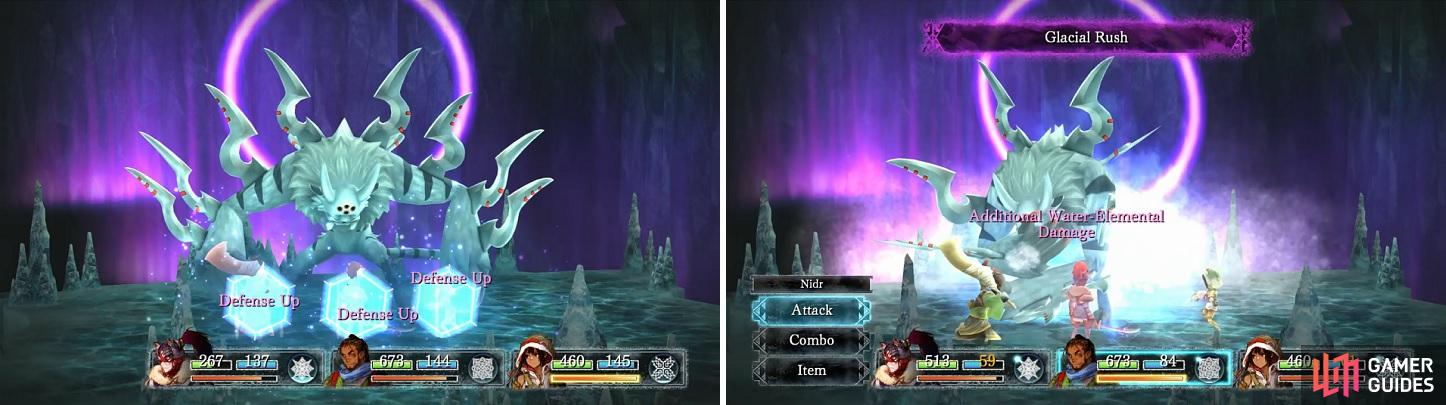 Aeterna’s Protect is very useful in this fight (left). Glacial Rush is the boss’ weakest move, since it only hits twice (right).