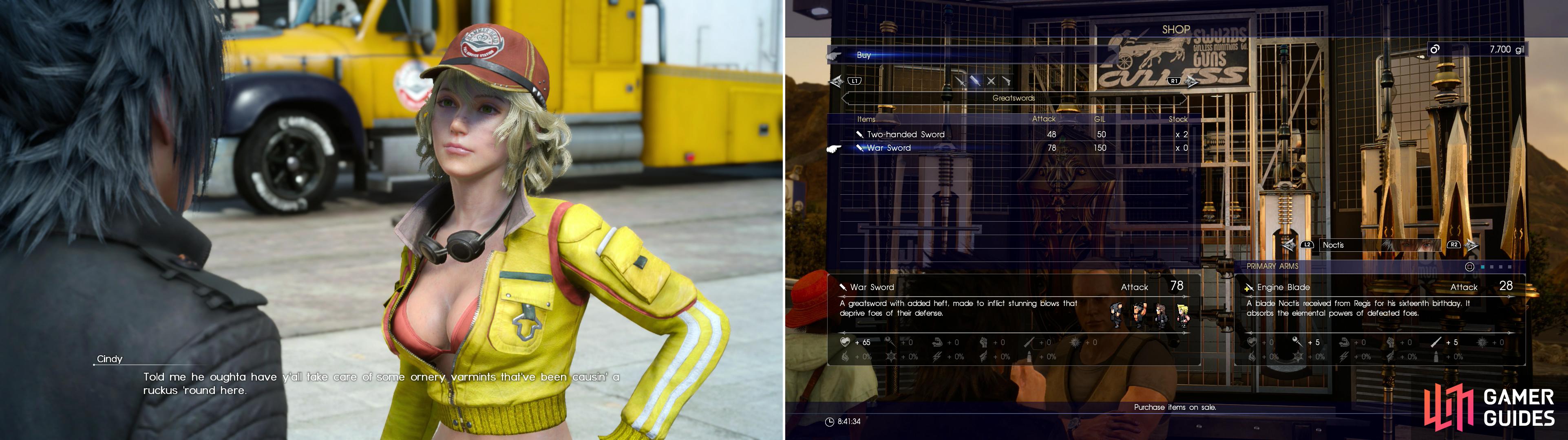 Cindy will give you some starting cash, and a bit of work to do while you wait (left). While you don’t have much in the way of funds right now, buying a few weapon upgrades may be worth the Gil (right).