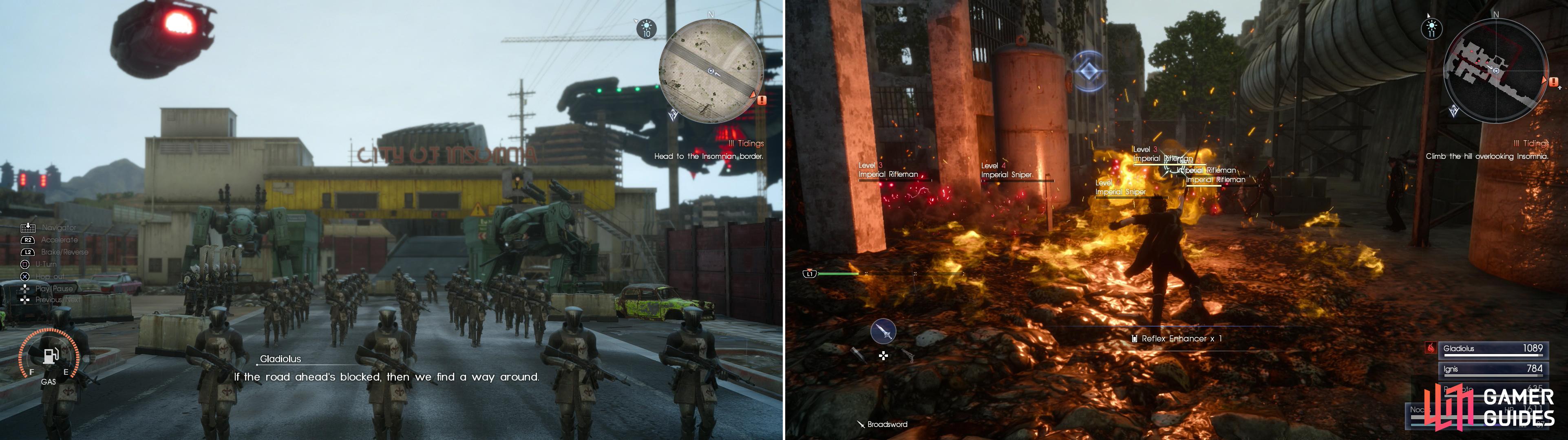 Faced with overwhelming odds, Ignis wisely decides to find a different way to get a view of Insomnia (left). Fight your way through the imperial forces to witness the fate of your home town (right).