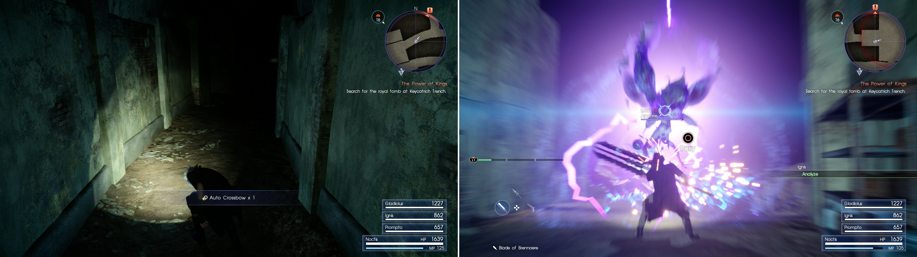 While exploring the mine, be sure to pick up the Auto Crossbow (left). The Arachne - a giant spider dwelling in the depths of the mine - is fond of lightning magic (right).