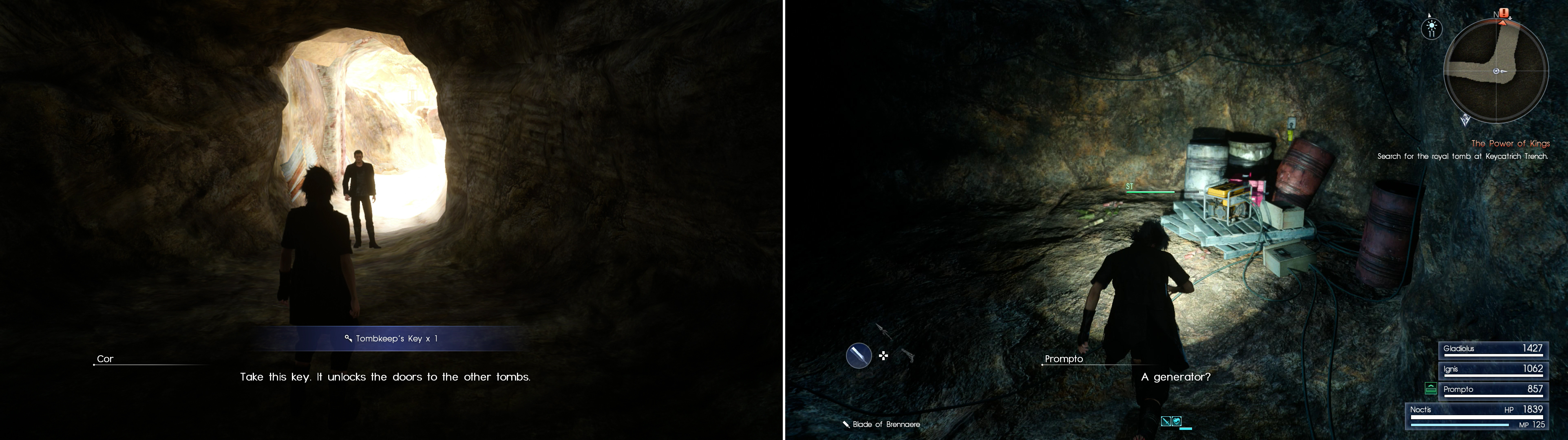 Cor will party company with you when you enter the mine, but he’ll give you the Tombkeeper Key to help your tomb plundering endeavors (left). Turning on a generator in the mine will provide illumination (right).