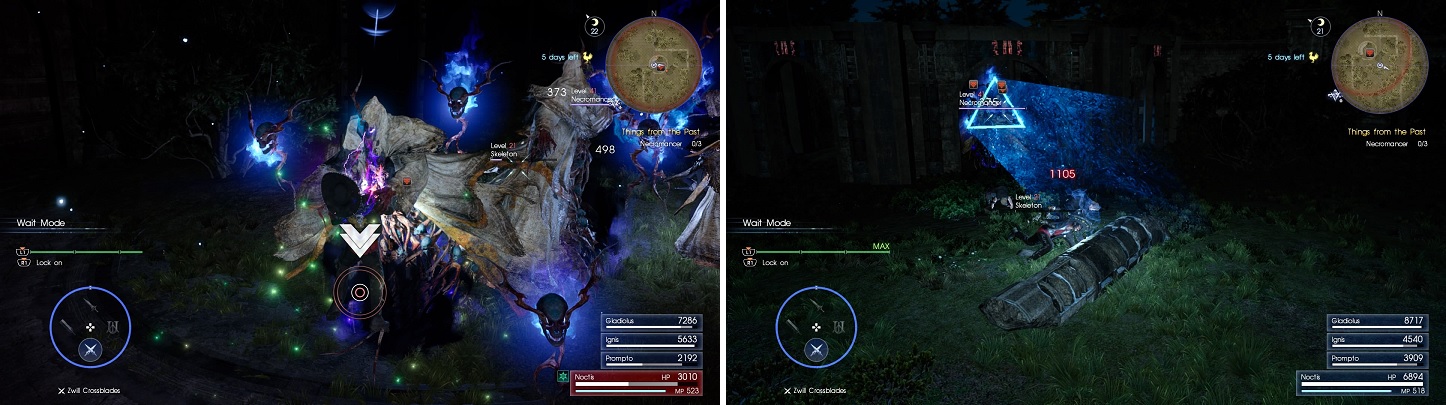 Be wary that the Necromancers can grab you (left). Their beam attack can petrify your characters (right).