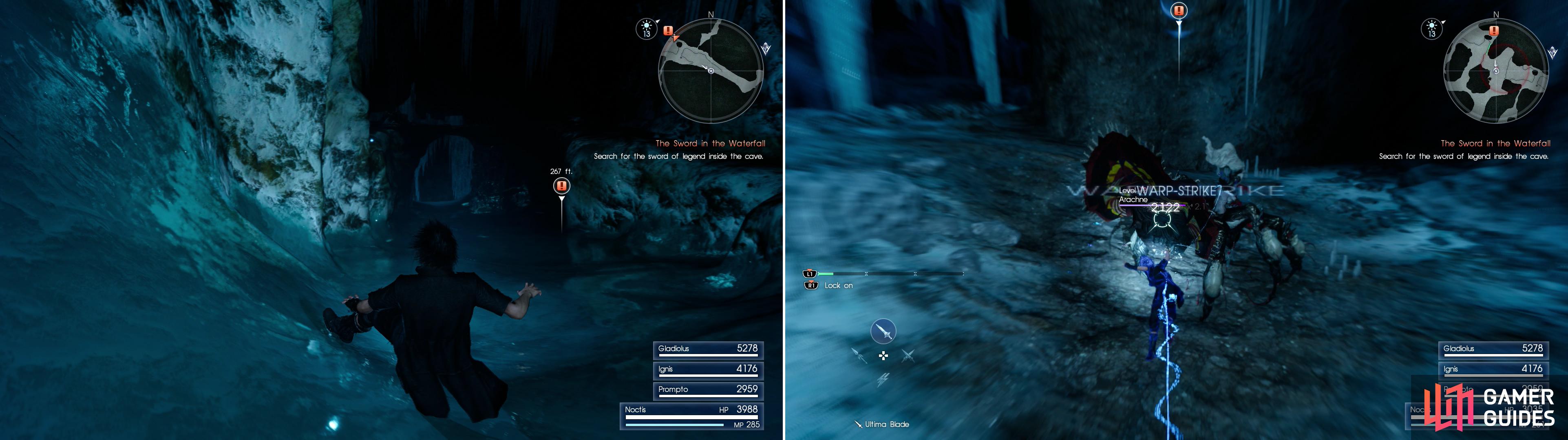 Icy chutes will provide dangerous paths deeper into the dungeon (left), at the bottom of which you’ll encounter an Arachne (right), now a common foe.