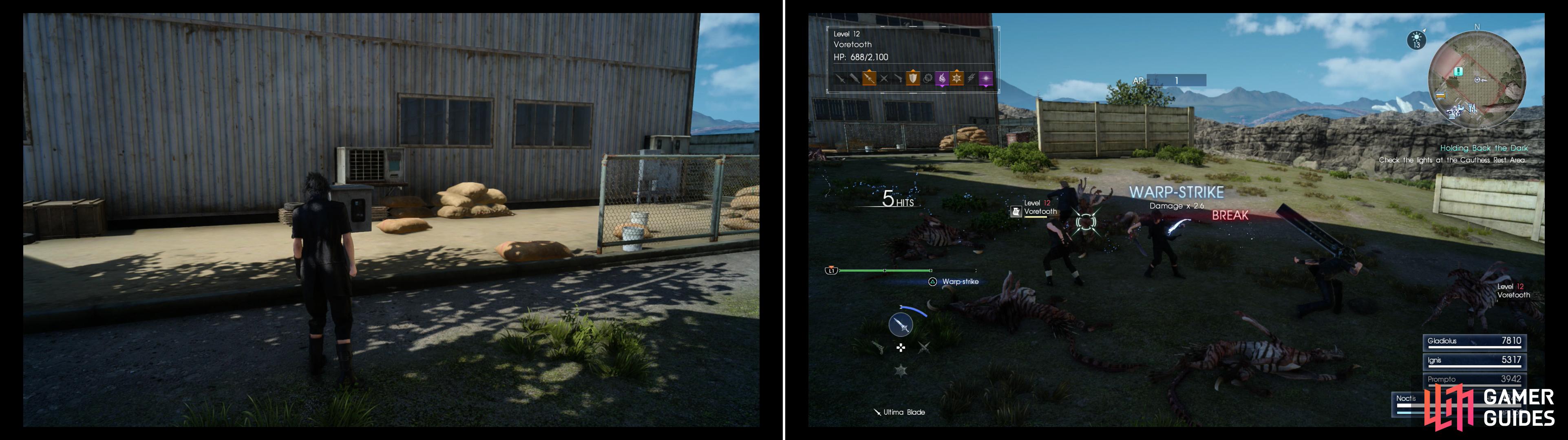 Go to each site and check to see if it’s functioning properly (left), and at the Cauthess Rest Area you’ll encounter a pack of Voretooths (right).