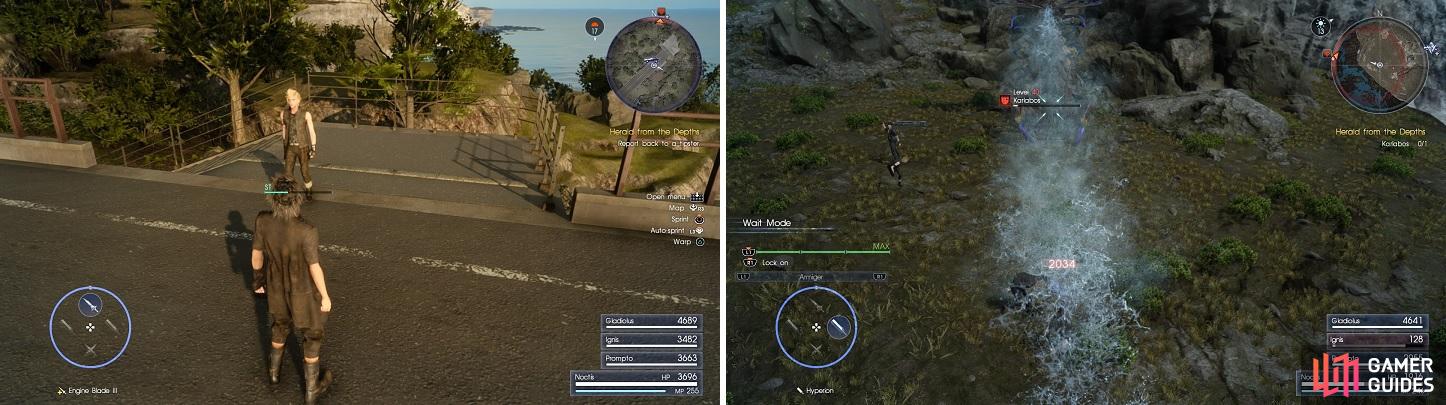 Take the stairs (left) to reach the Karlabos. Watch out for its water attacks (right).