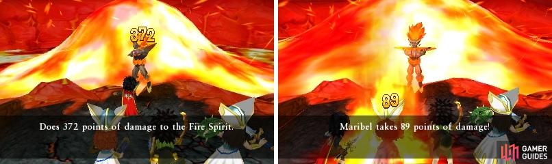 Knuckle Sandwich, when Oomphed, can deal a lot of damage (left). His flame ball attack can deal some high damage if not protected against it (right).