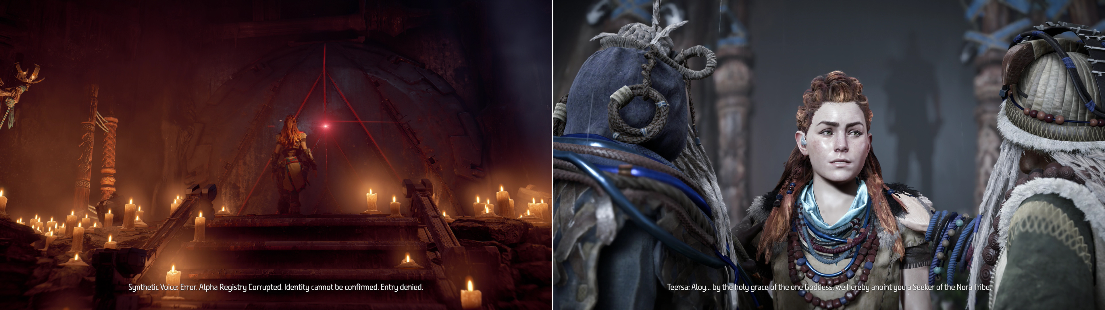 When some “corruption” leads to All-Mother reject Aloy, Teersa will use her religion to interpret the event (left), ultimately culminating with Aloy being granted the title of Seeker (right).