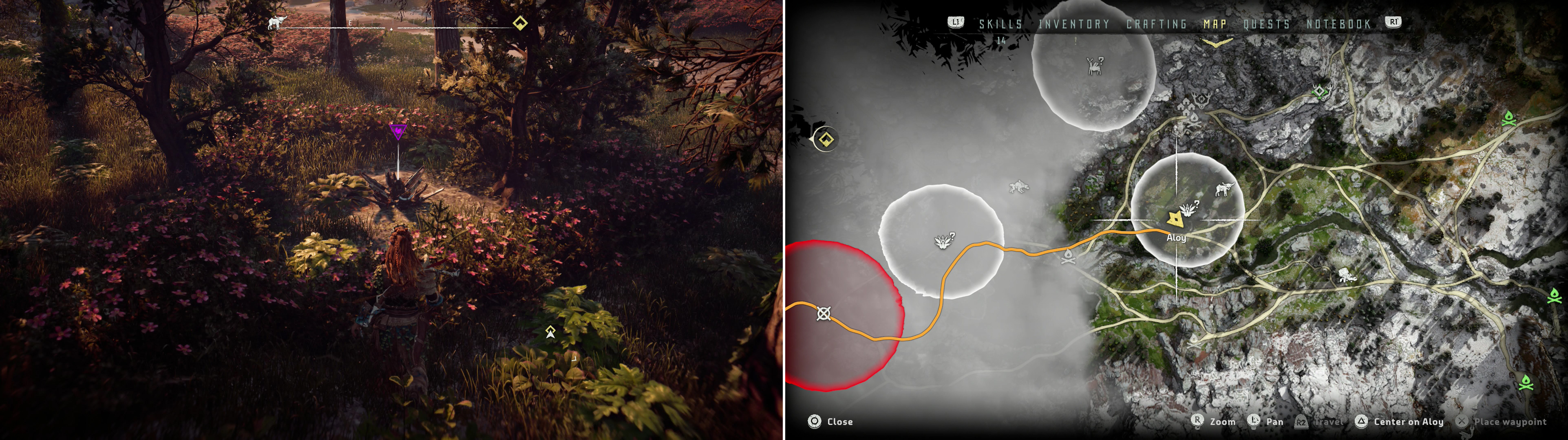 You’ll find Metal Flower - Mark I (I) (left) at the location indicated on the map (right).