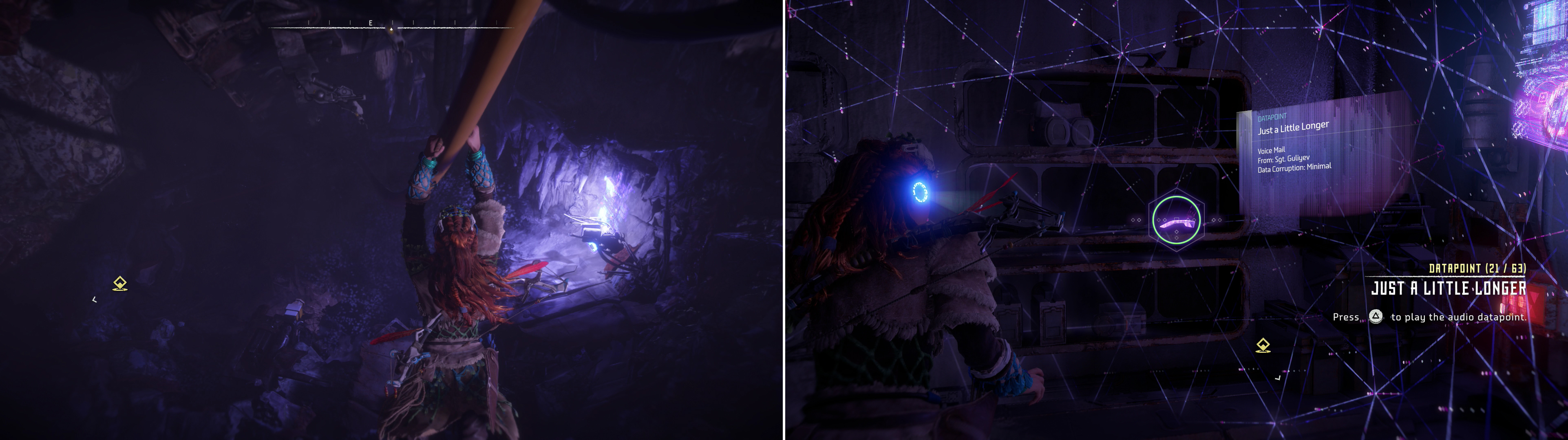 Use conveniently-placed wires in lieu of ziplines (left) and scan numerous datapoints throughout the ruins (right).