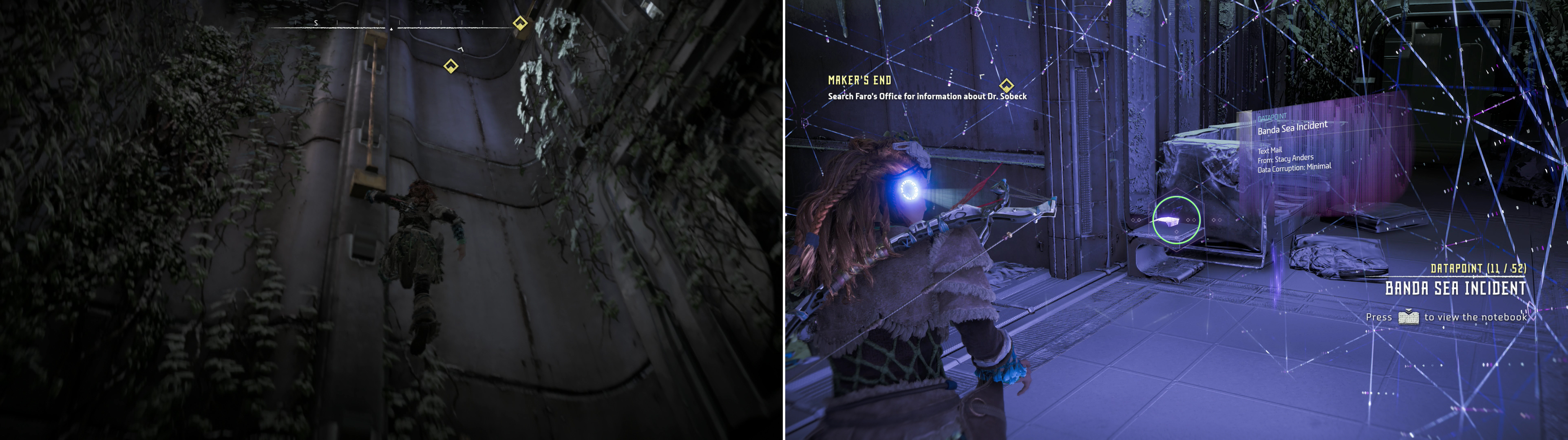 Much of your time in the Faro building will be spent climbing elevator shafts (left) and scanning datapoints to better understand the fall of the ancients (right).