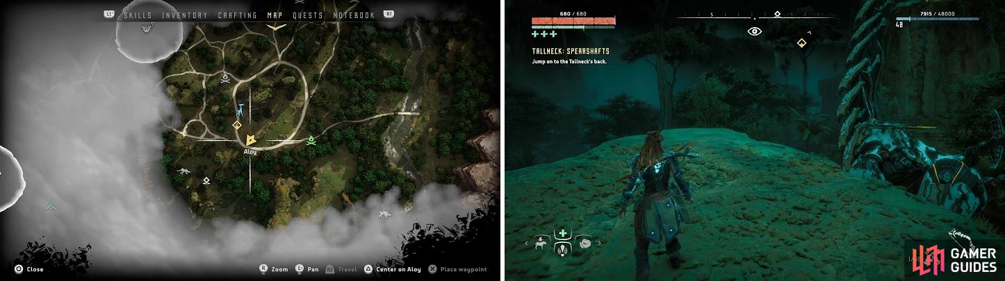 The location where to jump onto the Tallneck, both on the map (left) and in-game (right).